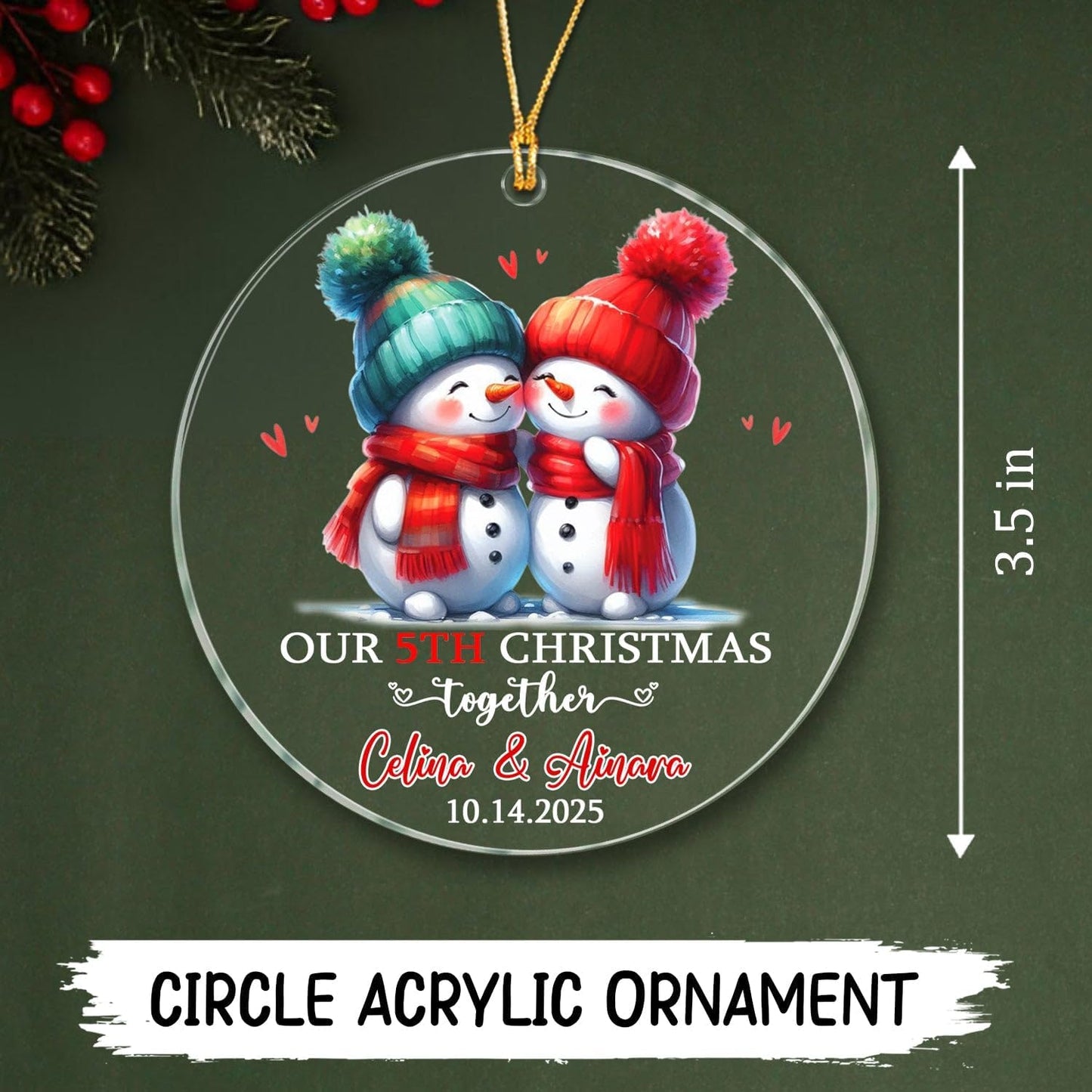 Personalized Our 5TH Christmas Together Ornament, Customized Date & Names Mr & Mrs Snowman Together Keepsake Ornament Gift for Wedding Anniversary, Married Couple Snowman Christmas Ornaments Gifts