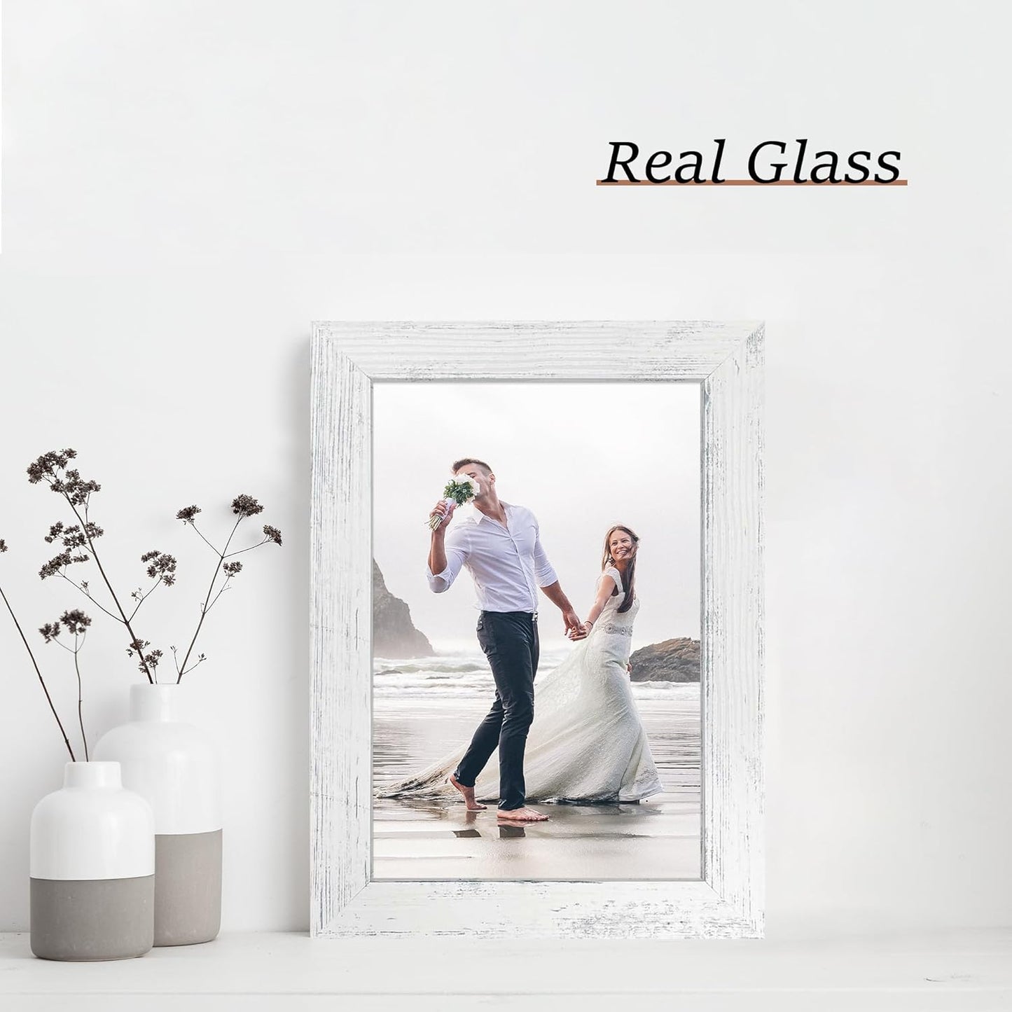 6x9 Picture Frame Set of 4, High Definition Glass Distressed White Frame, 6 x 9 Wood Photo Frames for Horizontal or Vertical Tabletop Display and Wall Mounting