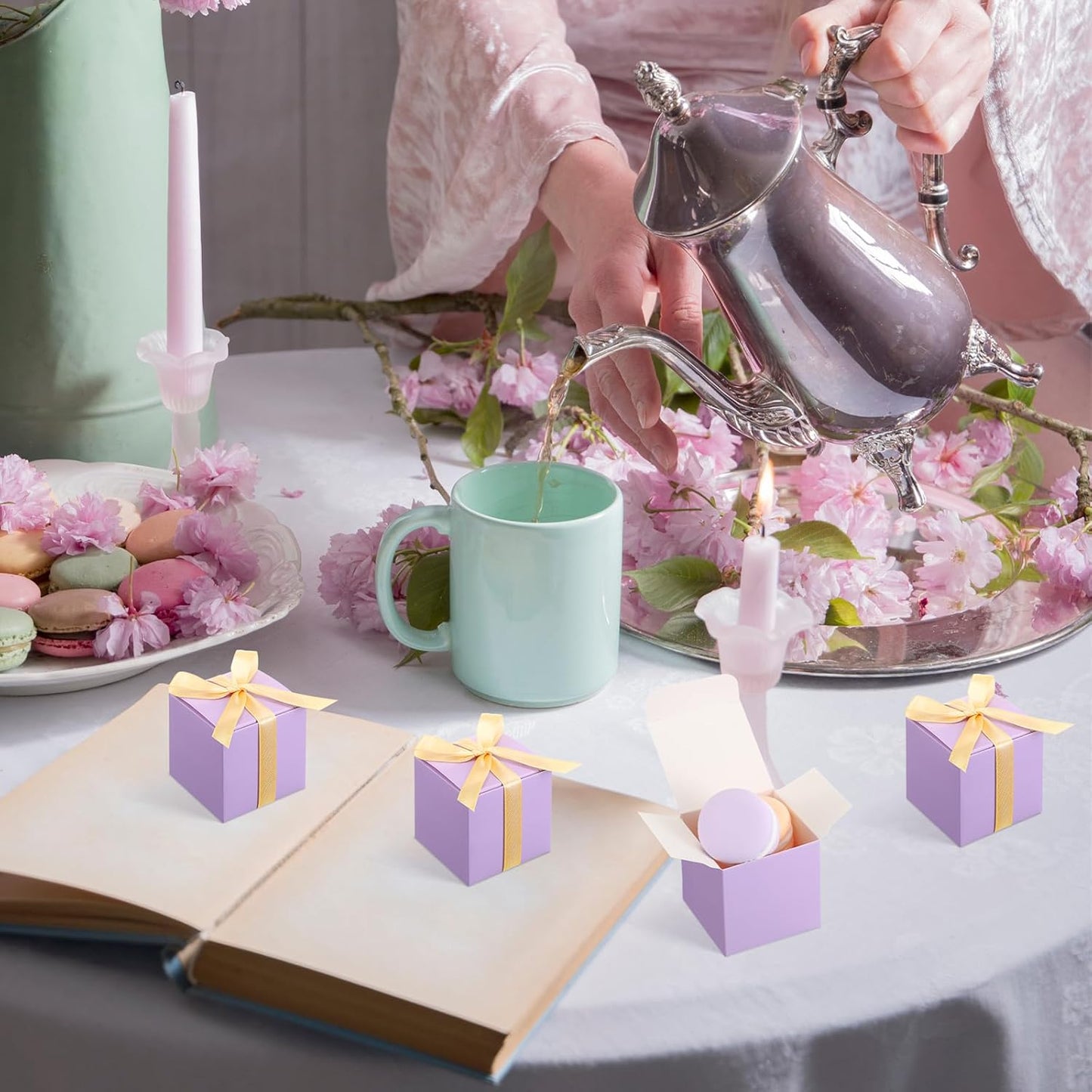 Jutom 100 Pcs Mini Favor Boxes Extra Small Candy Boxes Paper with Gold Ribbon for Christmas Thanksgiving Day Birthday Wedding Anniversary Supplies(2 x 2 x 2 Inch,Lavender)