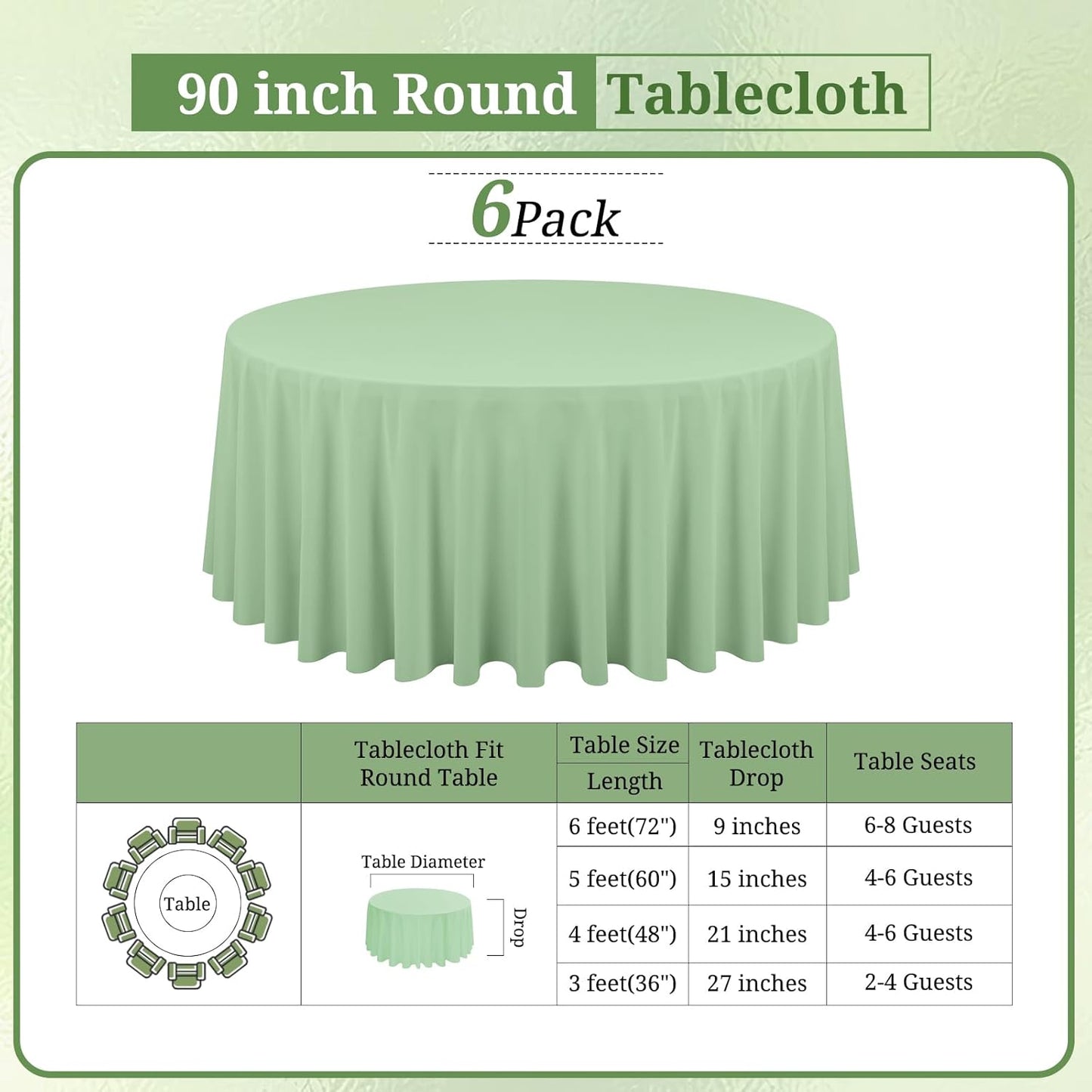 6 Pack Sage Green Round Tablecloths - 90 Inch, Polyester Table Cover, Stain and Wrinkle Resistant Washable Fabric, Perfect for Wedding Banquet Parties
