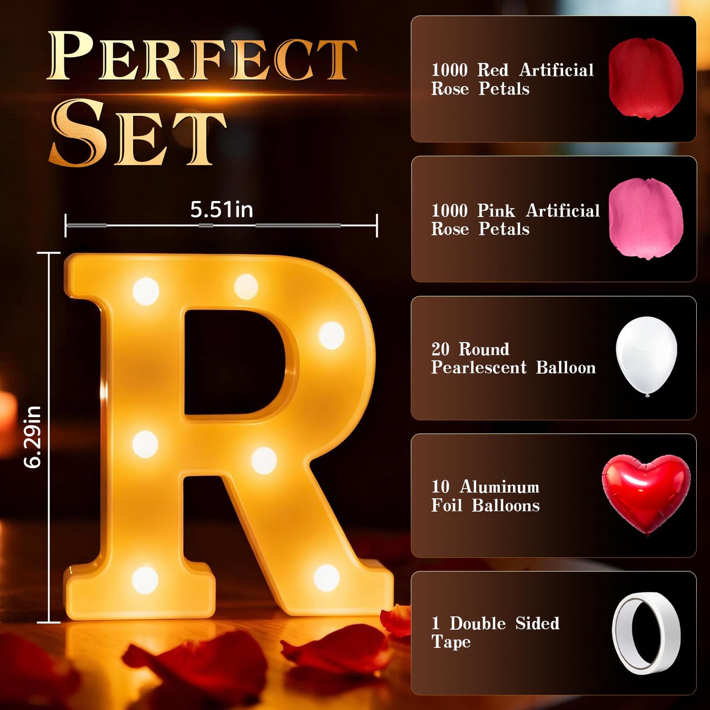 Peledic Happy Anniversary Decorations, Light up Letters Sign, with Rose Petals, Round Pearlescent