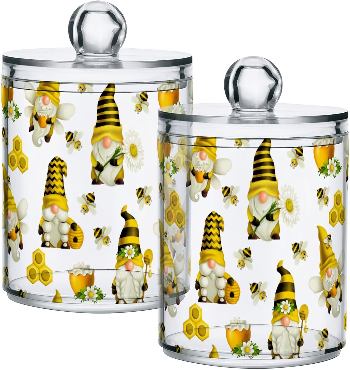 Qtip Holder Dispenser 4 Pack Gnome Bees Flying Dwarf Daisy Apothecary Jars with Lids Bathroom Vanity Countertop Canister Storage Organizer for Cotton Ball,Swabs,Pads,Floss