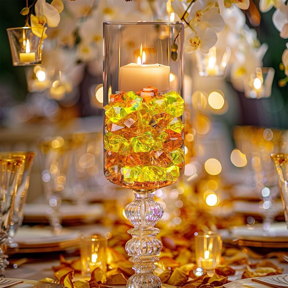 HappyFiller Fall Decor Fake Ice Rocks Cubes Acrylic Gems Stones for Vase Fillers,Kitchen Dinning Room Table Scatters,Crafts,Home Centerpieces,Candle Holder,Mix Yellow Amber Orange,14 OZ