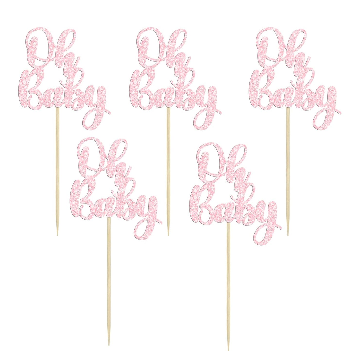 Gyufise 36Pcs Oh Baby Cupcake Toppers Glitter Baby Shower Cupcake Picks for Gender Reveal Baby Shower Kids Boys Girls Birthday Party Cake Decorations Supplies Light Pink