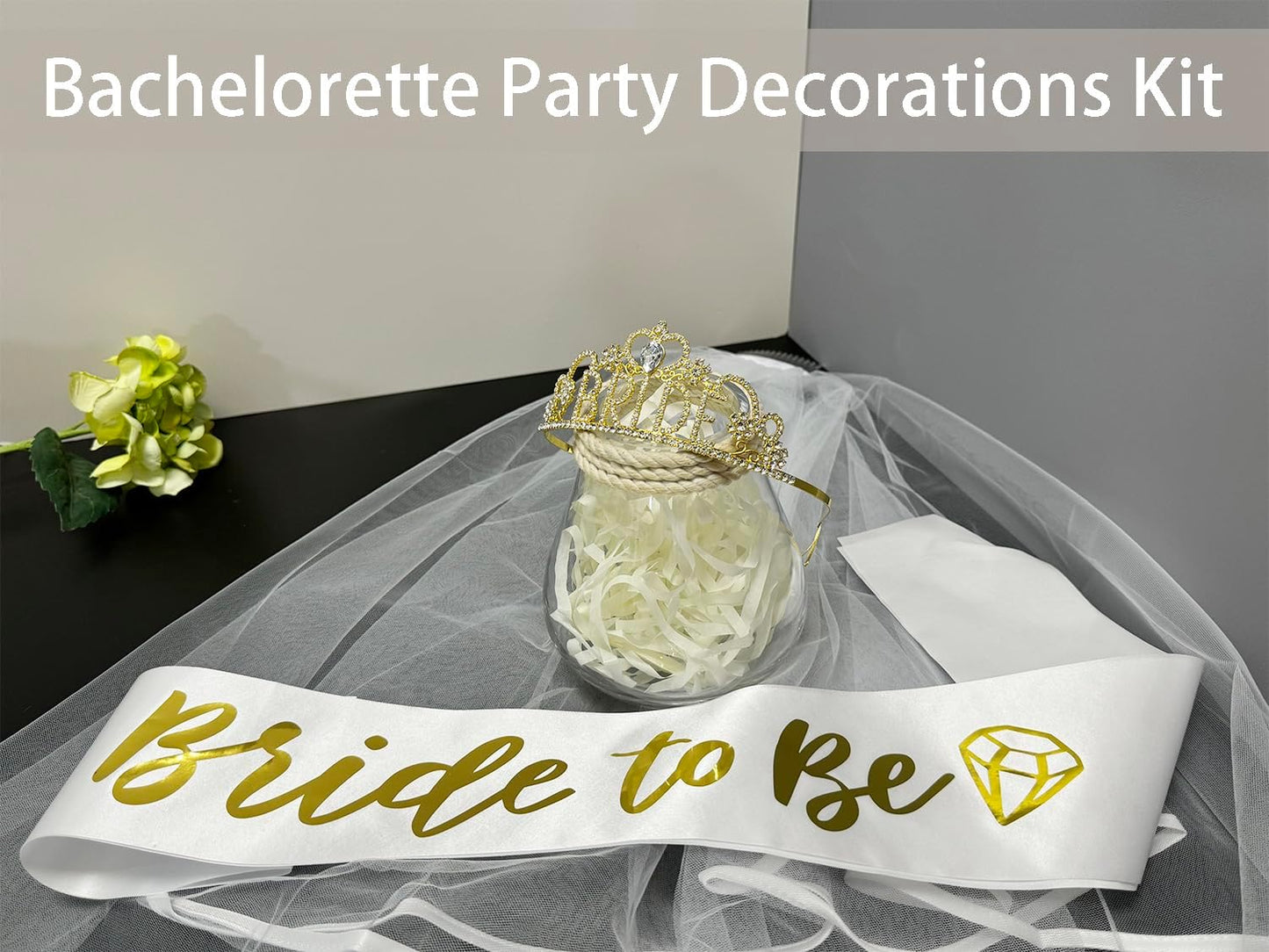 JETKONG 3 Pcs Bachelorette Party Decorations "BRIDE" Crown, Bride to Be Sash&Veil for Women Bachelorette Party Gifts, Bridal Shower Supplies, Gifts, Favors (Gold)