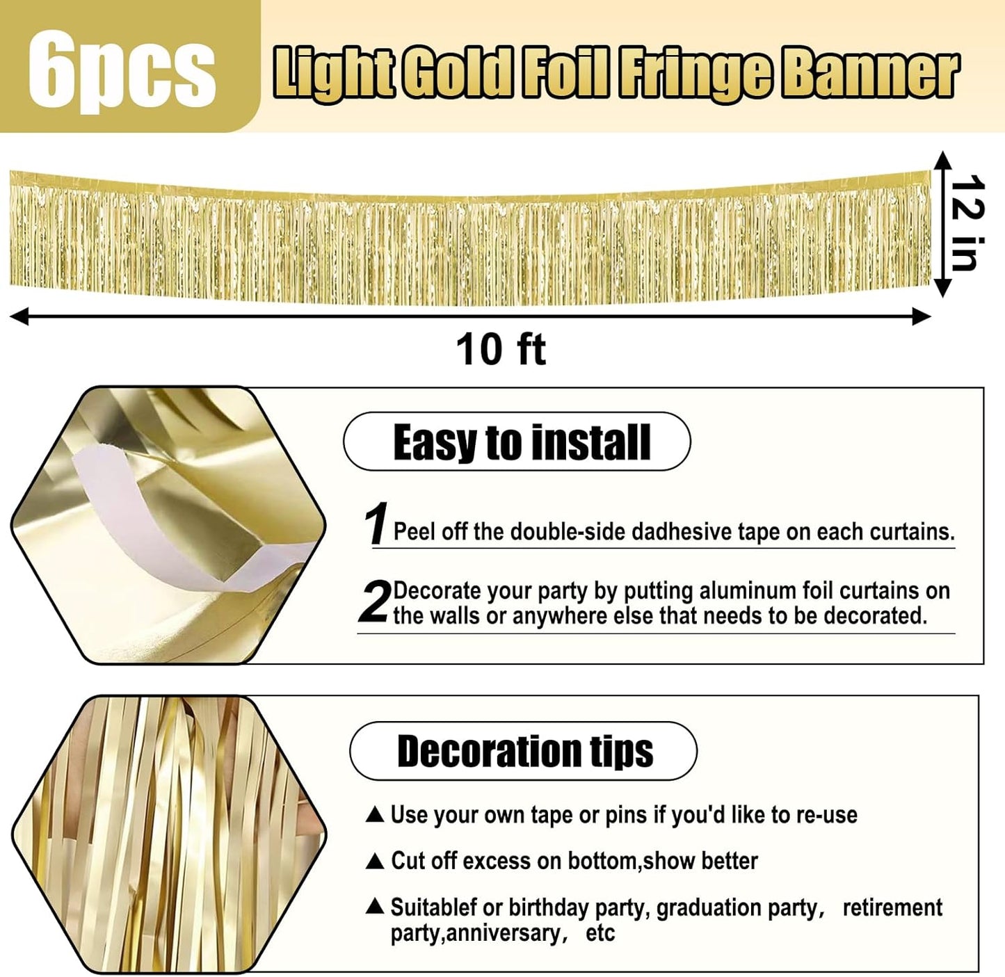 6 Pack 10 Feet Light Gold Foil Fringe Garland Metallic Tinsel Streamers Banner Wall Hanging Curtain Backdrop for Parade Floats, Birthday, Graduate, Mother's Day, Wedding Party Decoration