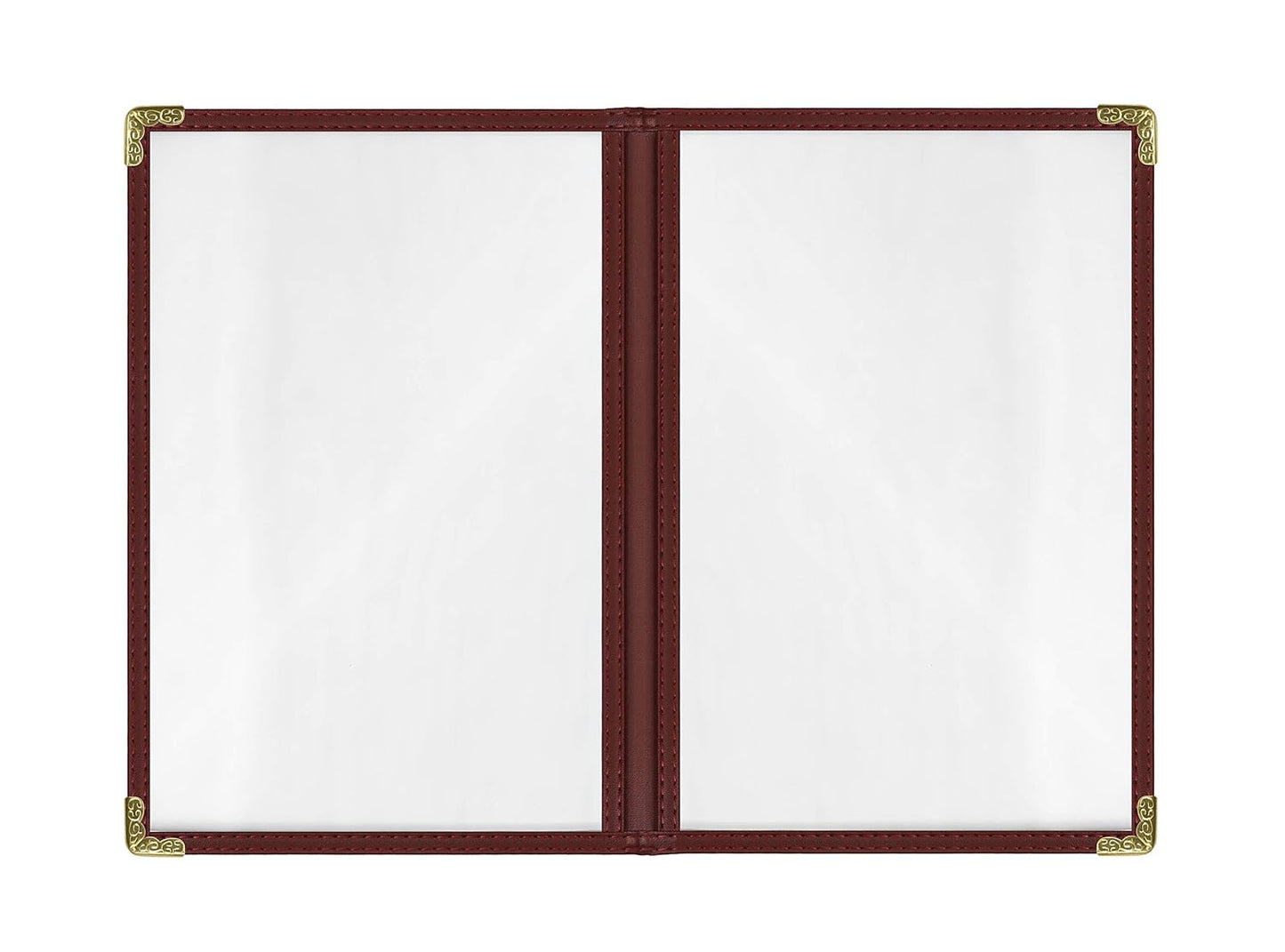 Goodsmart Restaurant Menu Covers – 25 Pack Burgundy 4-View, Side-Loading Menu Holders, Vinyl & Plastic Café Menu Covers, Clear Menu Sleeves, Fits 5.5" x 8.5", Leather-Style Design, Gold Corners