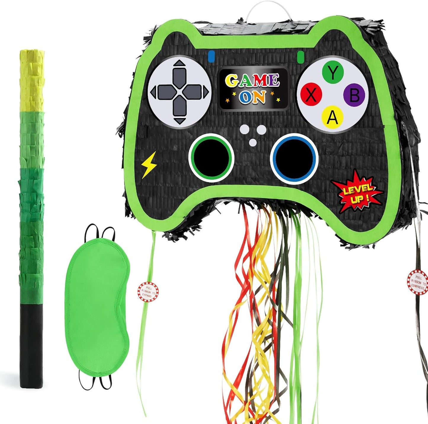 WERNNSAI Foldable Video Game Piñata - Pull String Gaming Birthday Party Supplies Extendable Piñata with Blindfold Bat and Tassels Game On Birthday Party Decoration Folding Piñatas for Classroom Game