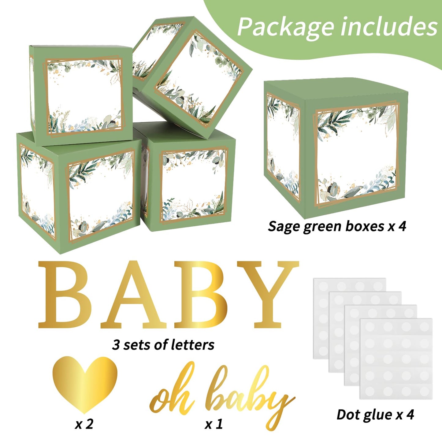 RUBFAC Baby Shower Boxes with Letters, 4pcs Sage Green Baby Shower Decorations for Boy Girl Balloon