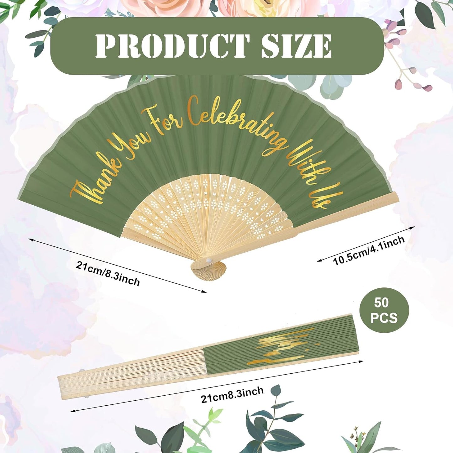 Jetec 50 Pcs Wedding Fans for Guests Bulk Silk Hand Fans Handheld Folded Thank You for Celebrating with Us Wedding Favors for Bridal Bridesmaid Baby Shower Dancing Party Church Gift(Dark Green)