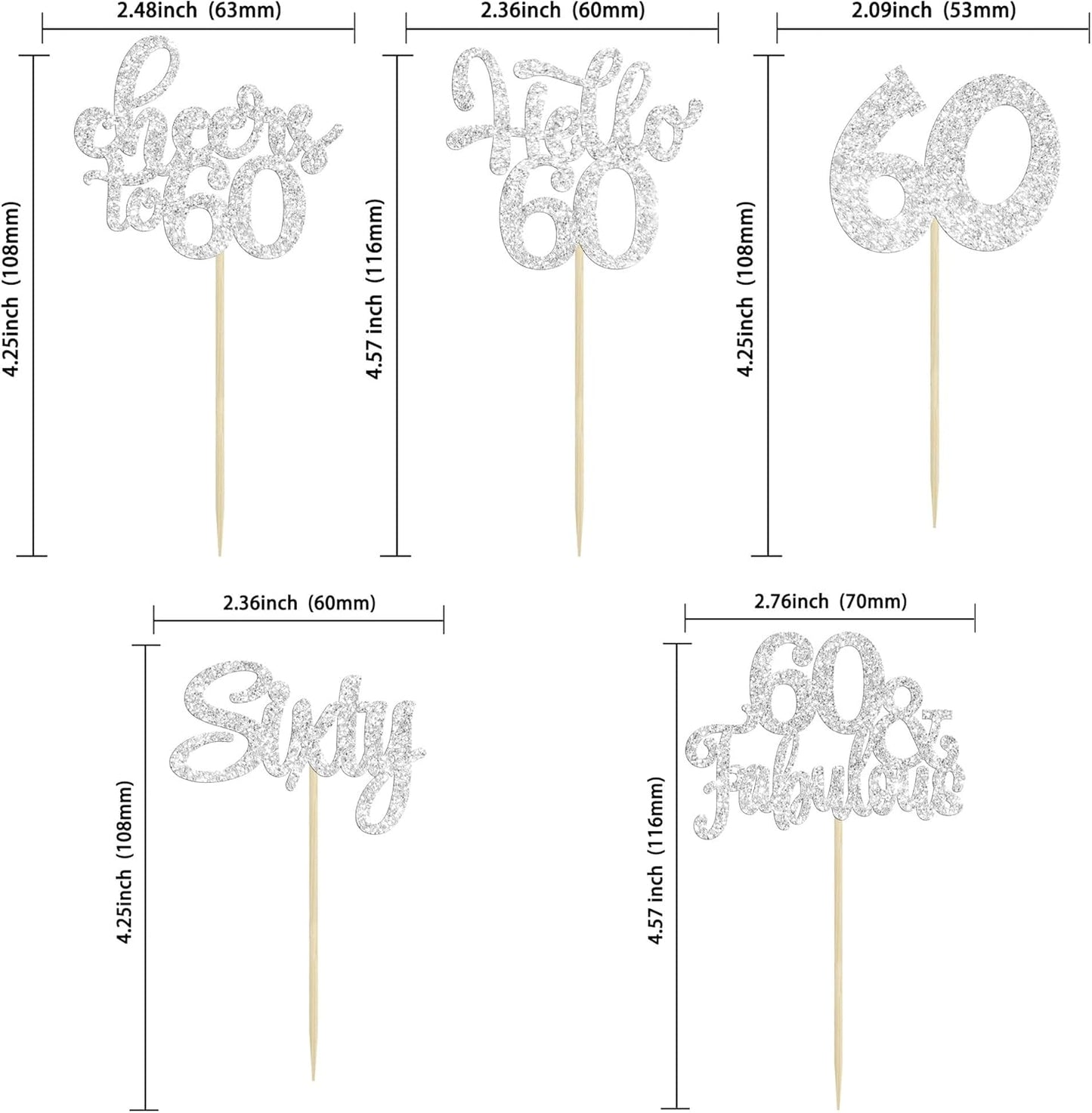 30Pcs Happy 60th Birthday Cupcake Toppers Silver Glitter Sixty Cake Toppers Cheers to 60 Years Old Birthday Cupcake Picks for 60th Birthday Anniversary Party Cake Decorations Supplies