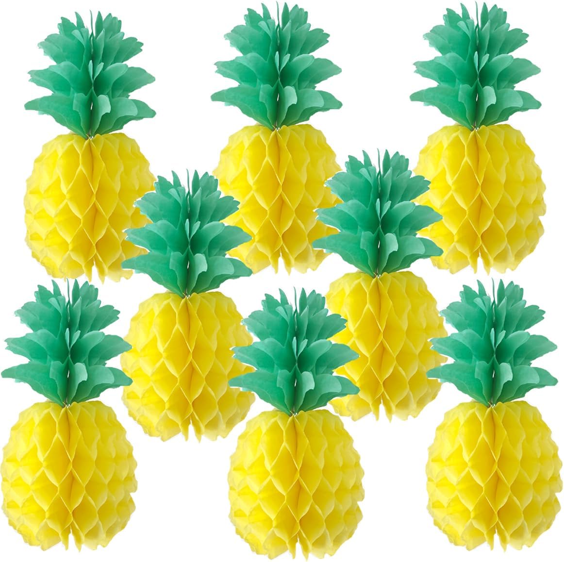 14inch Paper Pineapple Honeycomb Decorations 8pcs Tissue Party Pineapple Centerpieces Hanging Pineapple for Table Decor for Summer Tropical Hawaiian Beach Decor