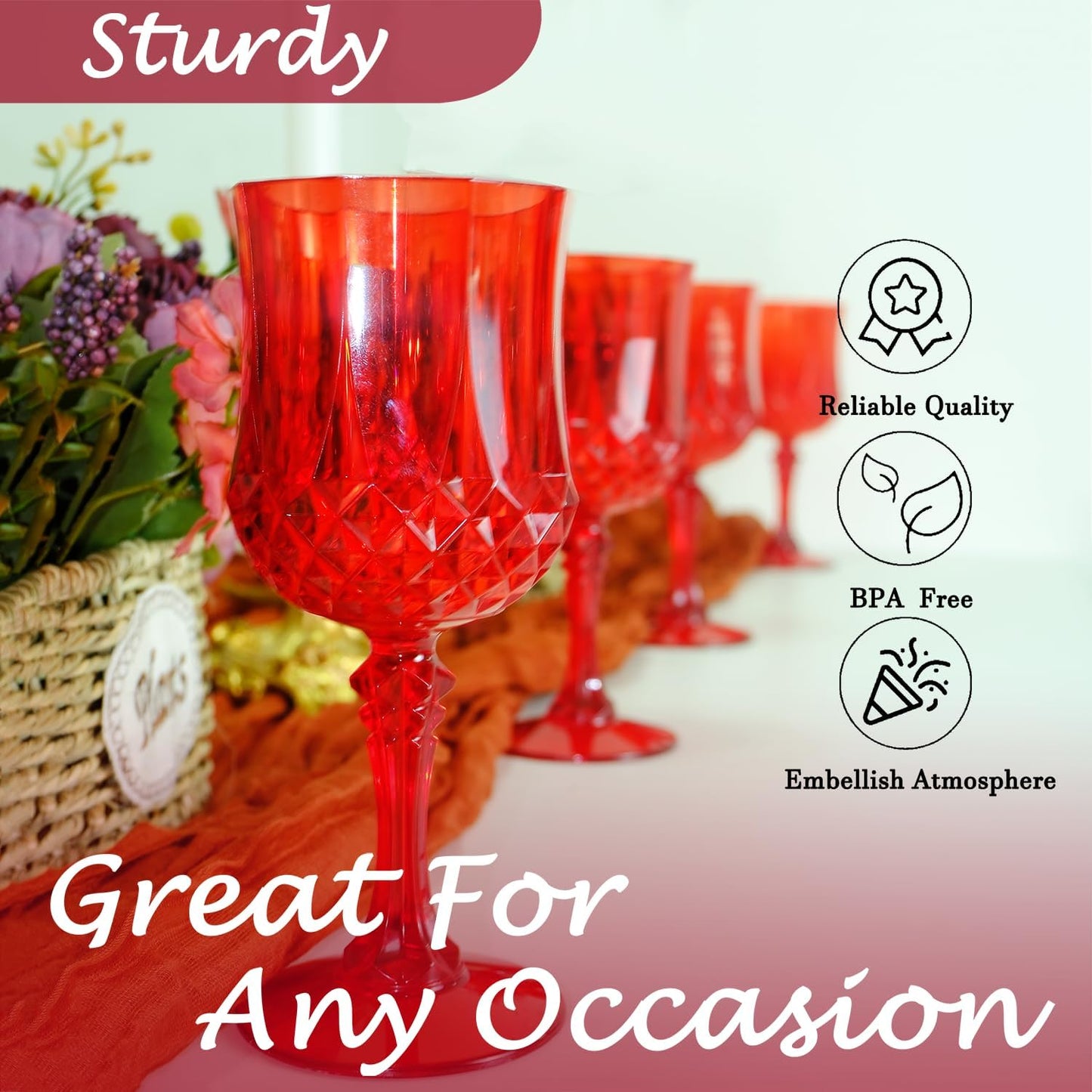 Plastic Wine Glasses，Plastic Goblets Vintage Style Cordial Drinking Glasses for Wedding Reception, Christmas Grand Event Party Supplies (24, Red)