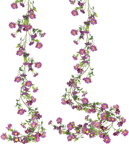 2 Pack Artificial Purple Flower Garland Silk Daisy 13FT Fake Vines Purple Birthday Party Decorations Wisteria Hanging Flowers Garland for Backdrop Arch Wall Home Wedding Indoor Cemetery Decor