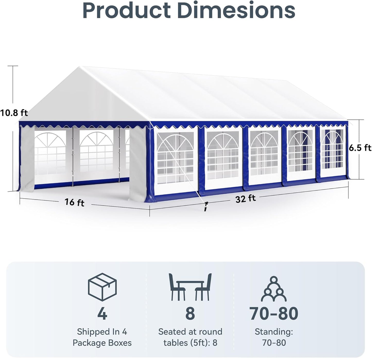 PHI VILLA 32'x16' Outdoor Heavy Duty Party Tent Large Commercial Canopy Wedding Event Shelter with Removable Sidewalls & 4 Storage Bags for Patio Outdoor Garden Events, Blue