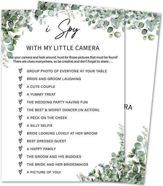 Eucalyptus Bridal Shower Game Cards - I Spy With My Little Camera, Wedding Engagement Bachelorette Party Bridal Shower Games for 30 Guests, Double Sided Cards Set of 30, Activity Supplies & Favor/A13
