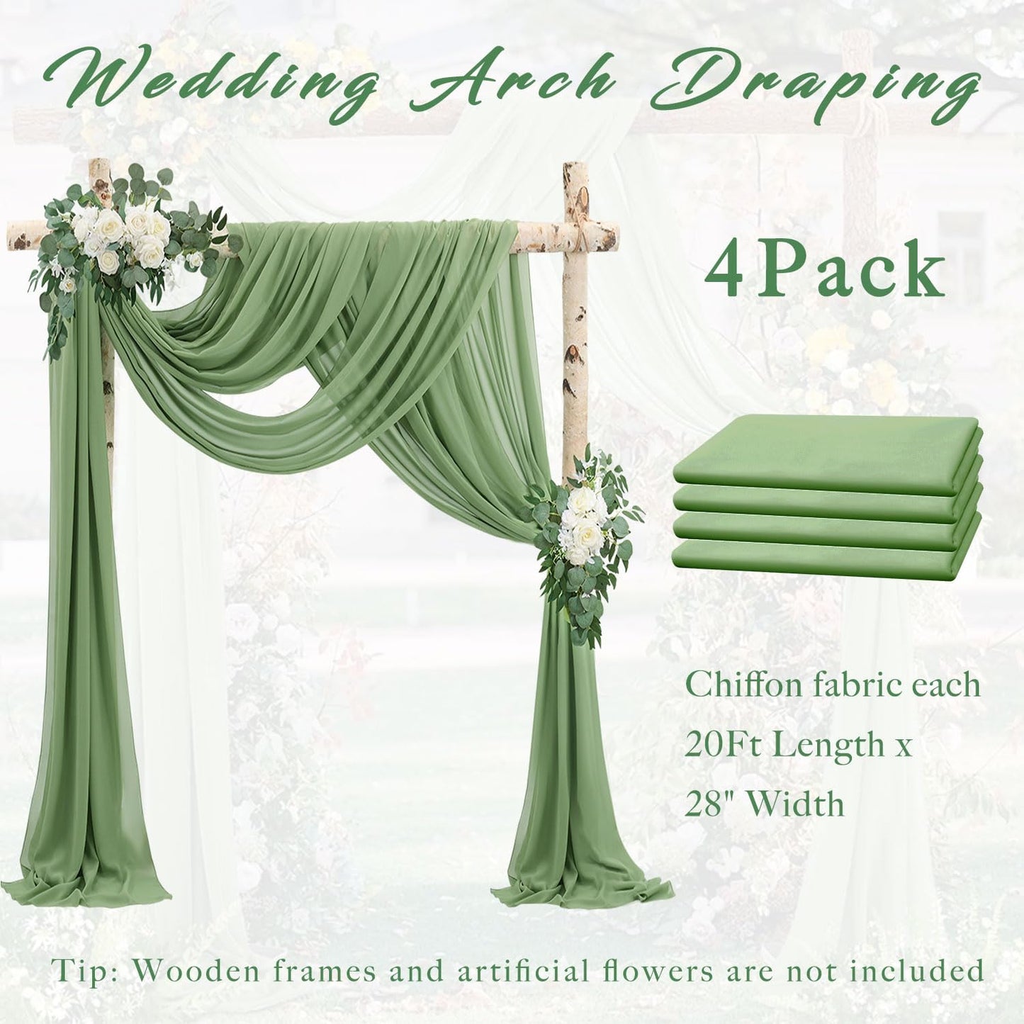 Wedding Arch Draping Fabric 4 Panels 20Ft length x 28" width Sage Green Arch Drapes Chiffon Fabric Sheer Curtains Backdrop for Party Bridal Decorations Wedding Ceremony Ceiling Stage Reception Decor