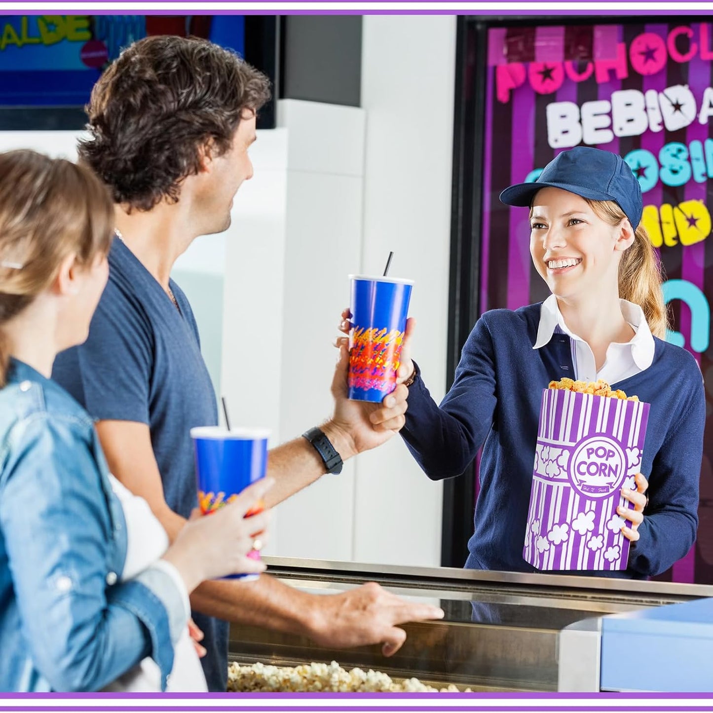 Leinuosen 200 Pcs Paper Popcorn Bags Bulk 2 oz Large Flat Bottom Boxes Disposable Container Sleeve Movie Night Popcorn Bucket for Retro Movie Themed Party Carnival Supplies (Purple)