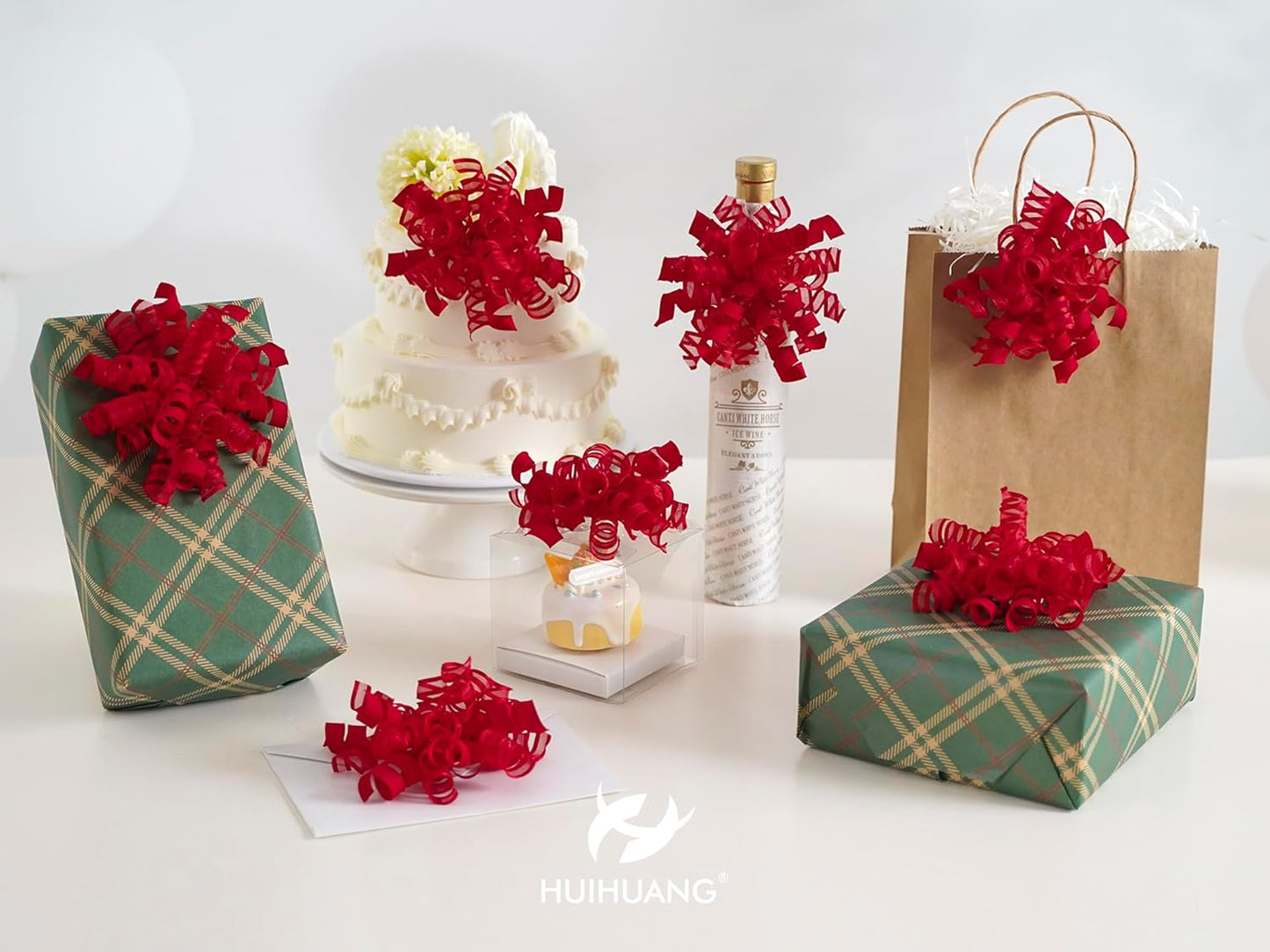 HUIHUANG Red Bows for Gift Wrapping Christmas Gift Bows 5 inch x 8 Counts Self-Adhesive Curly Ribbon Bow for Presents, Paper Bag, Party Favors, Wrapping Accessories, Holiday Wedding Decoration