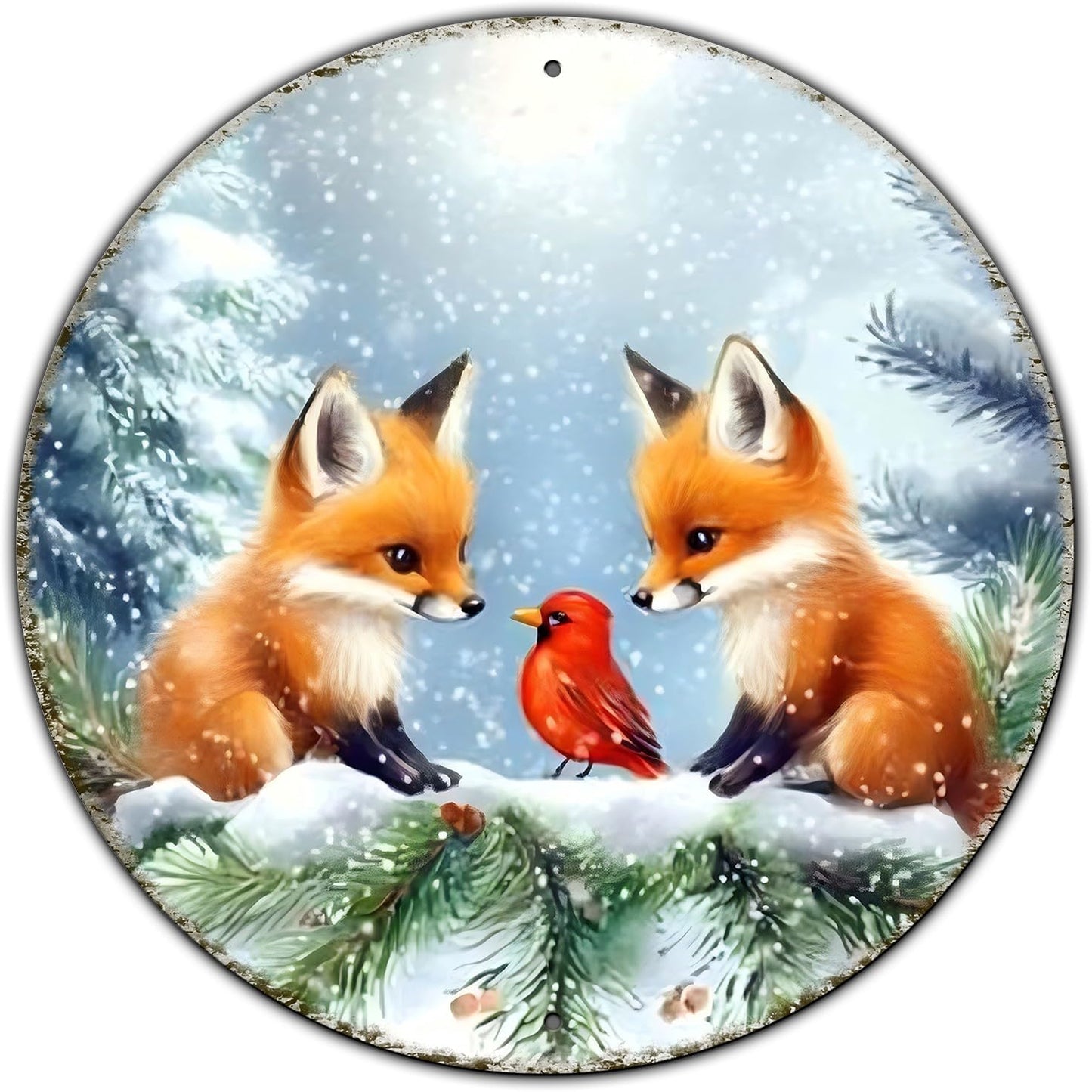 Christmas Round Fox Metal Tin Sign - Red Bird Winter Vintage Sign for Home & Outdoor Decorations - 12 * 12 in
