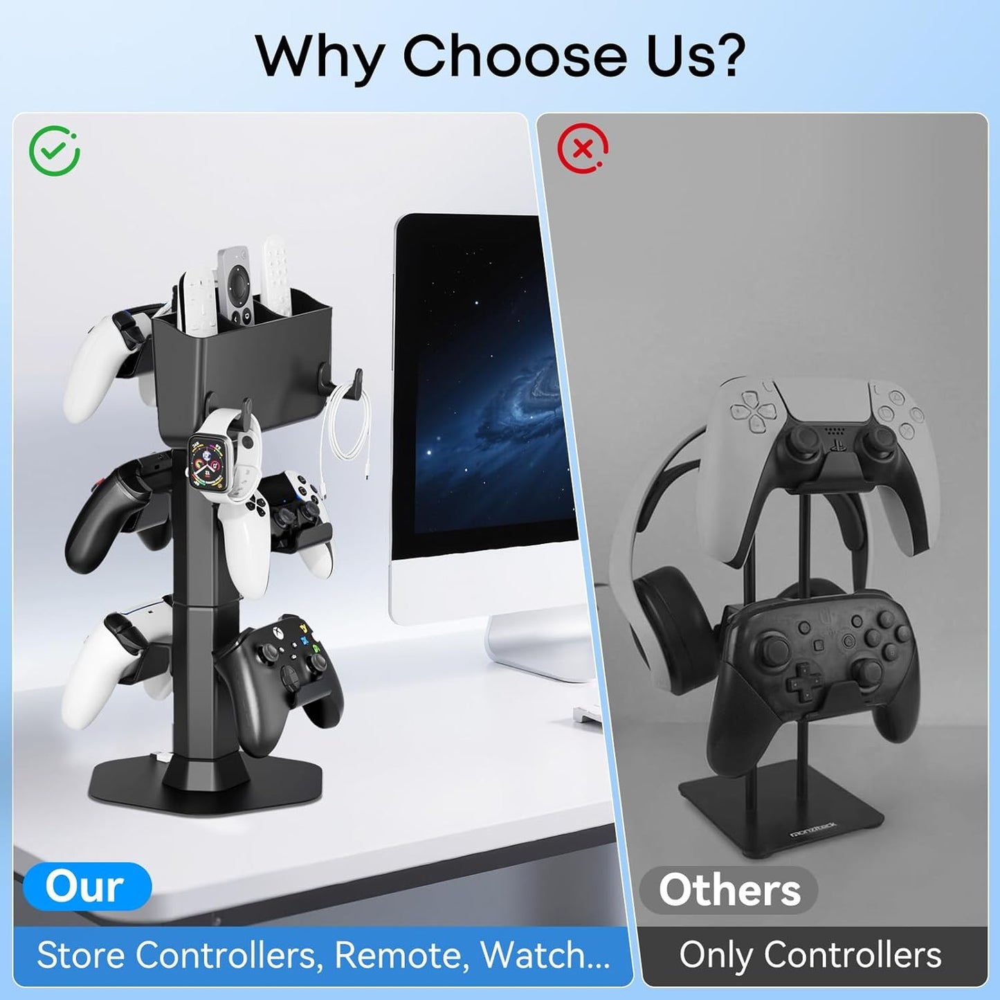 Controller Holder with Remote Control Storage Box, Headset and Controller Stand for Desk, Headphone Stand with Two Hooks for Watch Cable Key Chain, Gaming Accessories for P5/P4/Xbox/Switch