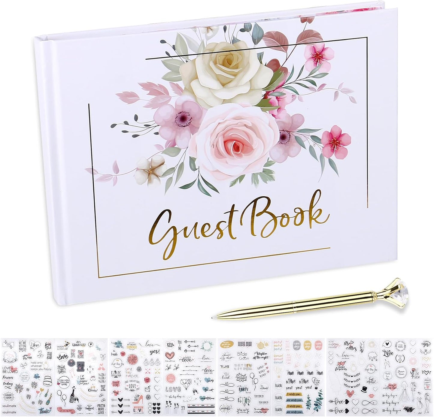Wedding Guest Book,9x7''120 Page/60 Sheets Hardcover Personalized Wedding Guestbook Photo Album Sign in Book with Sign in Pen and Creative Stickers for Weddings,Baby Shower, Party Birthday,Graduation