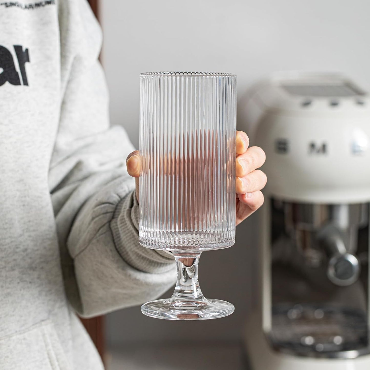 INSETLAN Set of 4 Ribbed Glass Goblets – 12oz Vertical Stripe Stemmed Glassware for Cocktails, Wine, and Beverages – Elegant Durable Glass Cups for Parties, Weddings, and Everyday Use