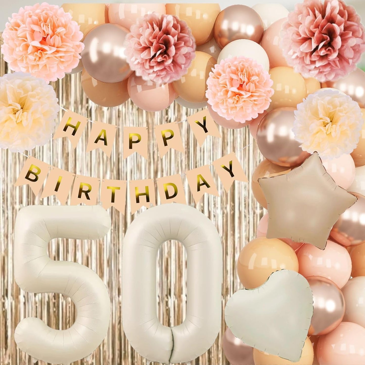 Beige 50th Birthday Decorations for Women Cream Number 50 Balloon Nude Gold Happy Birthday Banner Fringe Curtain Paper Pom Poms Blush White Sand Champagne Star Foil Balloons Neutral Boho Party Decor