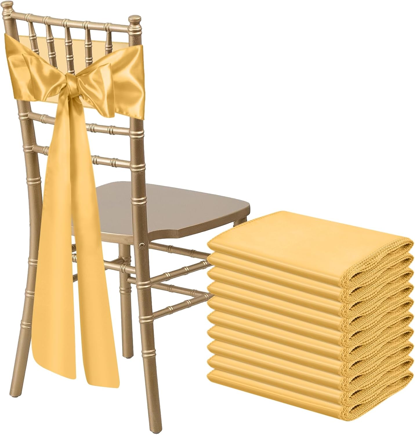 10 PCS Gold Satin Chair Sashes Bows Universal Chair Ribbon Ties Back Sash for Wedding Party Reception Events Banquets Hotel Event Chair Cover Decoration (7x108 inch)