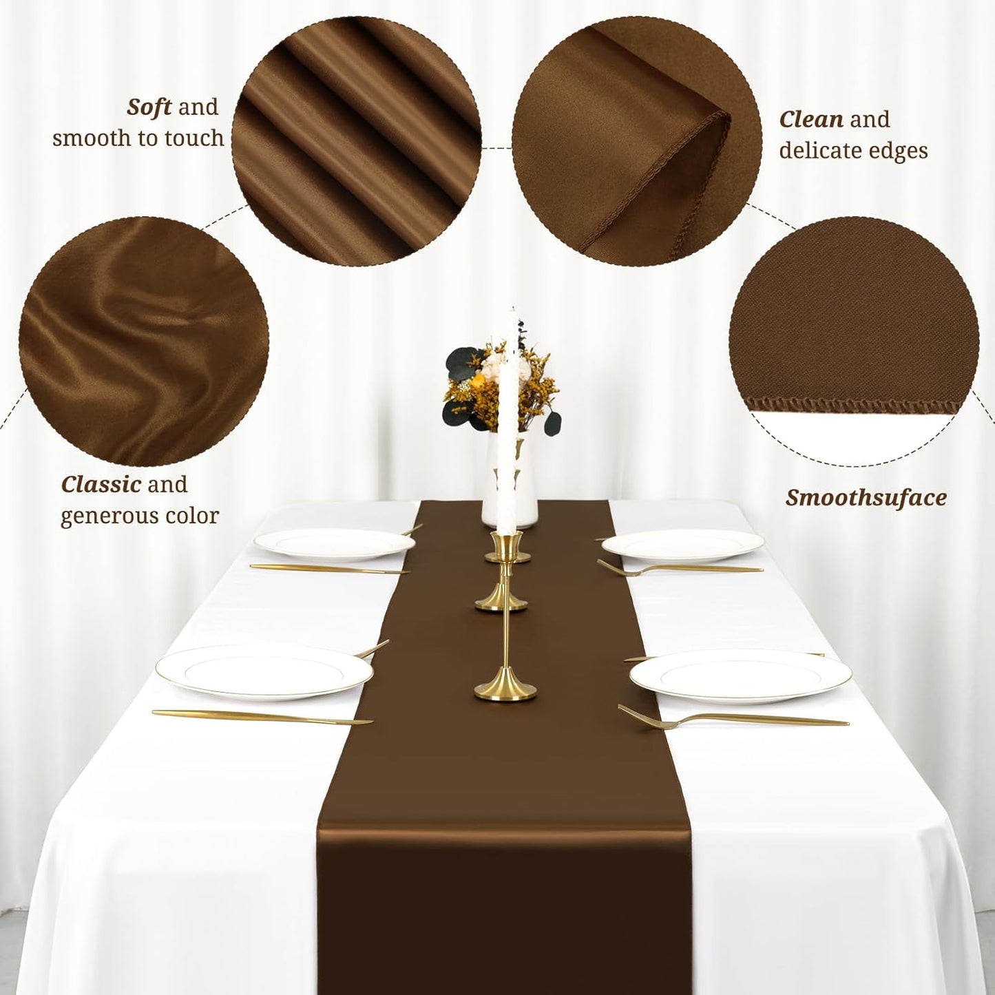 12 Pack Brown Satin Table Runner 12 x 108 inch Long Premium Smooth Table Runner for Wedding, Banquets, Birthday, Party, Graduation, Engagements,Table Runners fit Rectangle and Round Table