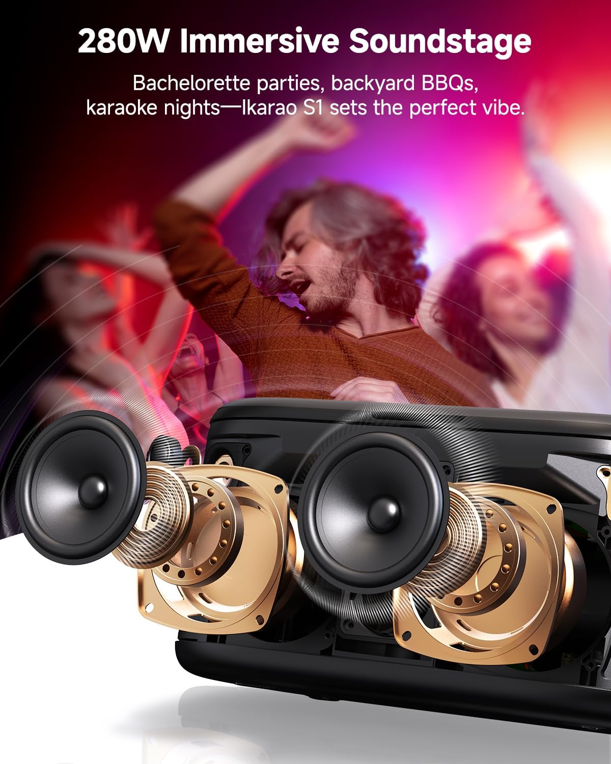 Ikarao Karaoke Machine for Adults, with Lyrics Display, Karaoke System for YouTube, 280W Speaker, Autotune & EQ, Connect to TV, Portable PA System with 2 Wireless Microphones for Home Outdoor Party