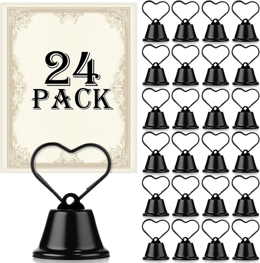 24 Pcs Table Number Holders Place Card Holders for Table 2 Inch Ring Clip Bell Number Holder Metal Picture Holder for Wedding Christmas Restaurant Home Photo Office Memo(Black,Heart)