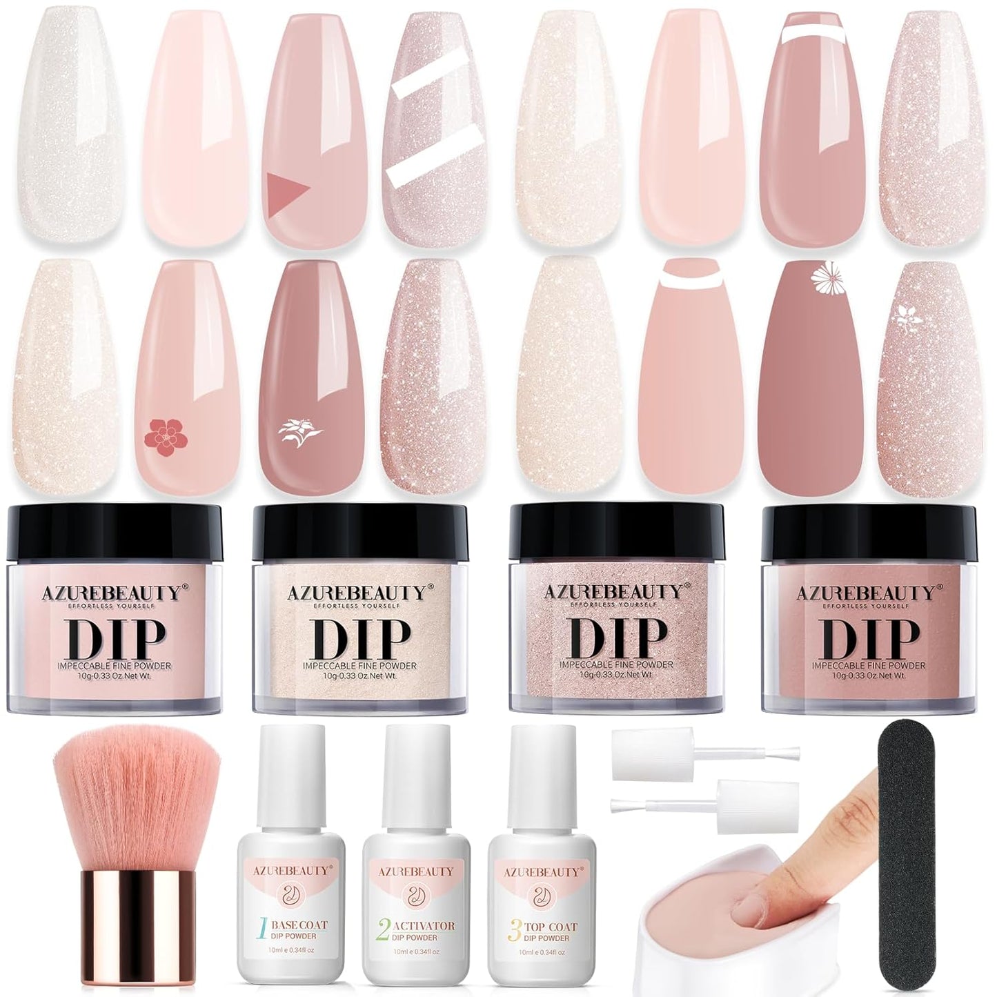 AZUREBEAUTY Dip Powder Nail Kit, 4 Colors Dipping Powder Nude Skin Glitter System Liquid Set Recycling Tray, French Nail Art Base & Top Coat Activator DIY Salon.