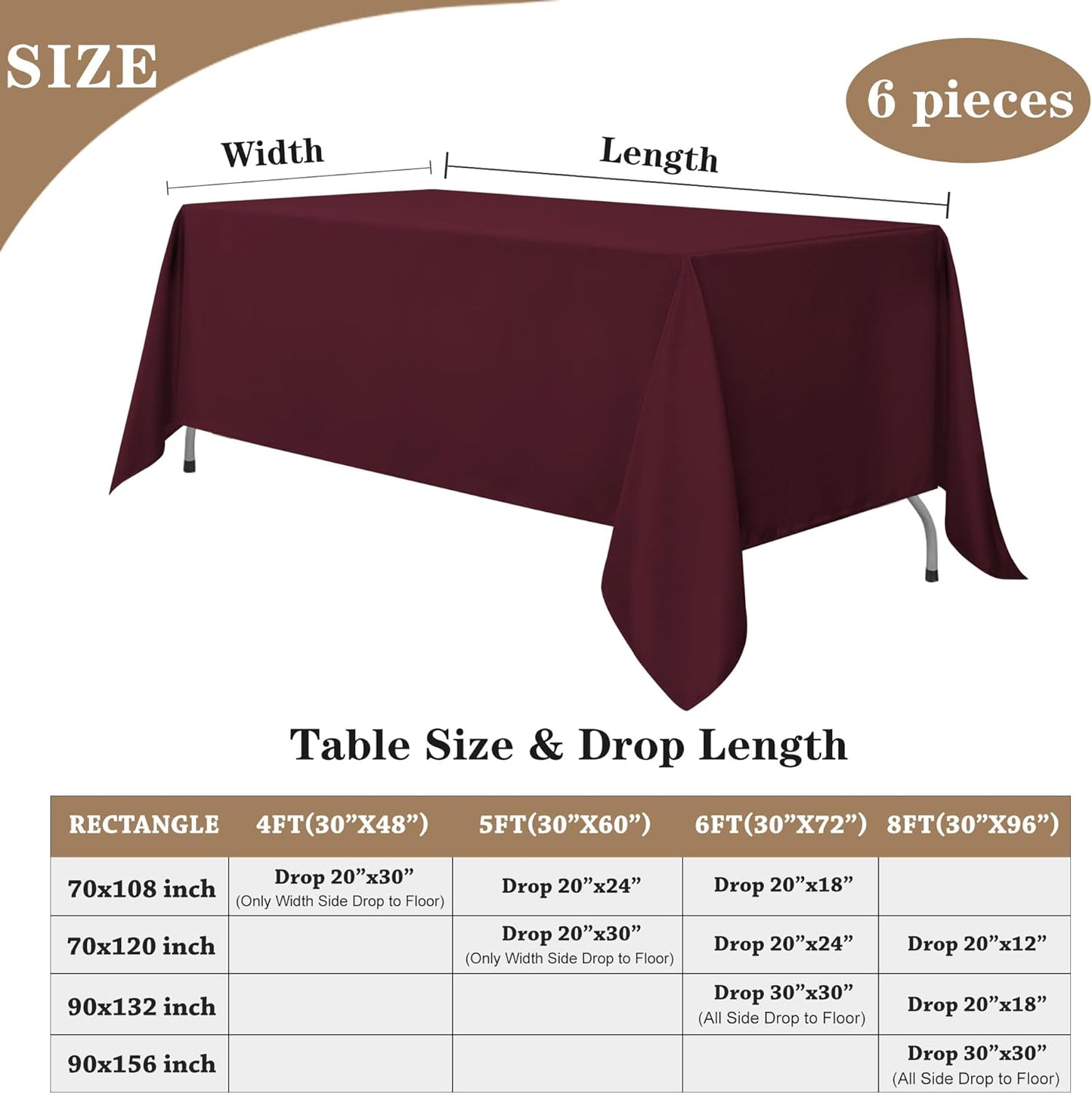 Fitable Burgundy Rectangle Tablecloths for 6 Foot Tables, 6 Pack - 70 x 108 Inches - Stain Resistant and Washable Table Clothes, Polyester Fabric Table Covers for Wedding, Party, Banquet, Buffect