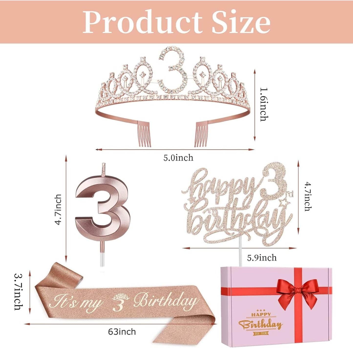 3rd Birthday Decorations for Girls, Including Sash, Crown/Tiara, Candles, Cake Toppers, 3rd Birthday Gifts for Girls