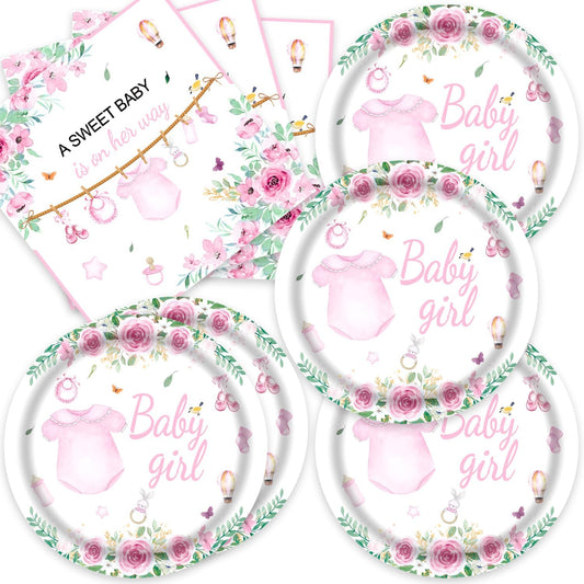 40pcs Pink Floral Baby Shower Decorations Girl Gender Reveal Supplies,Spring Rose Pink Baby Shower Plates and Napkins,Suitable for 20 Guests