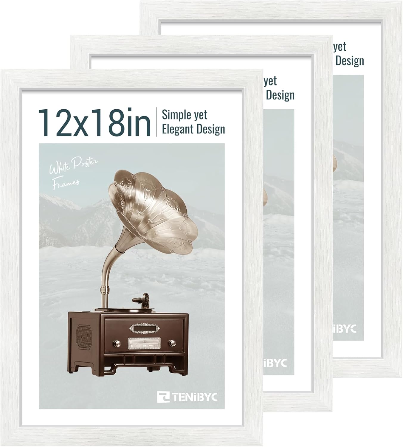 12x18 Poster Frame Set - 3 Pack, Textured White Solid Wood with HD Tempered Glass, Wall Gallery Picture Photo Frame