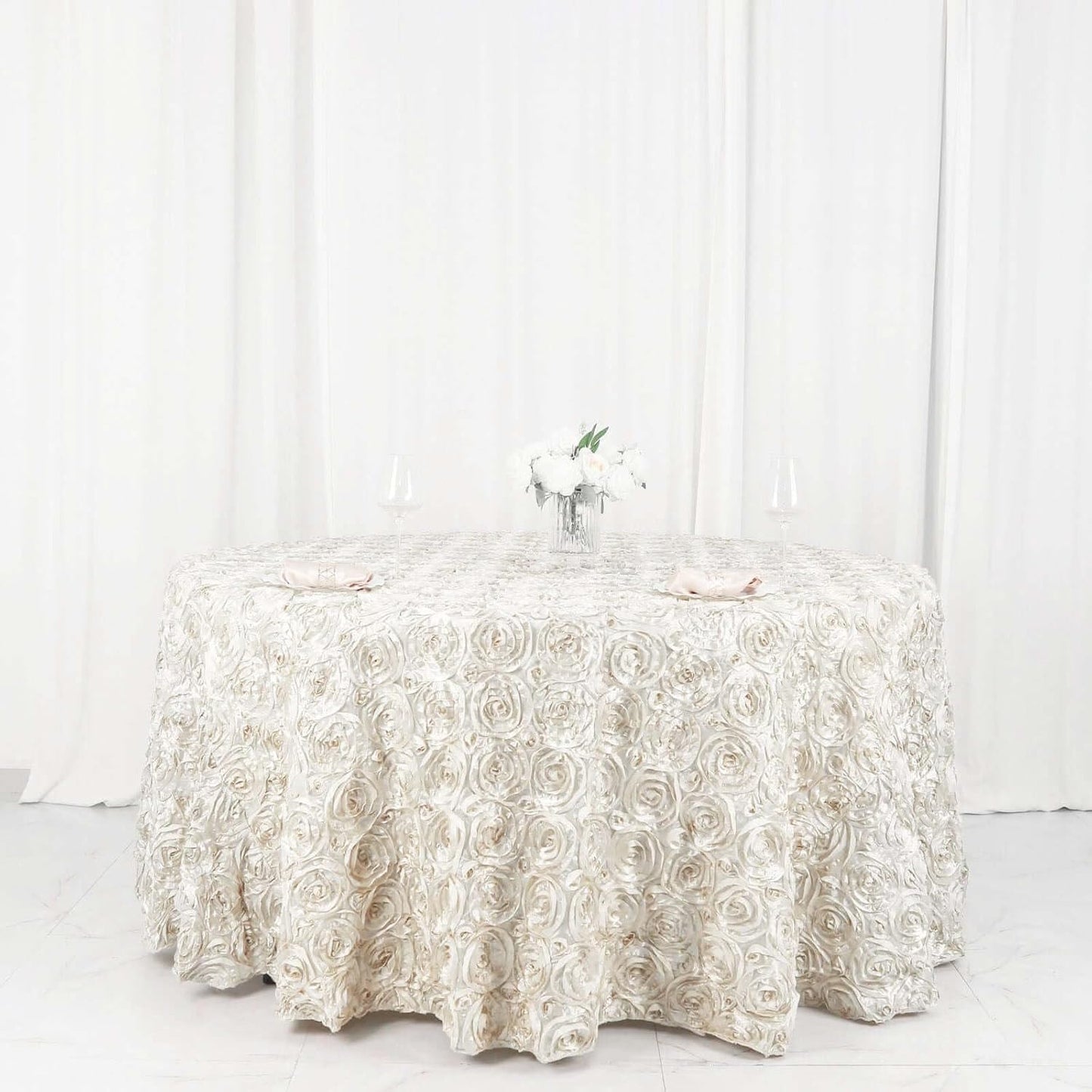 Efavormart 120" Wholesale Round Table Cover Ivory Grandiose Rosette 3D Satin Tablecloth for Wedding Party Event Decoration