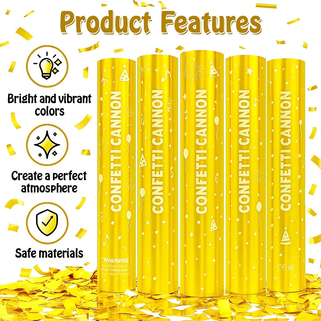 5 Pack Confetti Poppers gold– 12 Inch Confetti Blaster for Birthday, Graduation, and New Year’s Eve Celebrations – Best Party Poppers for Unforgettable Parties!