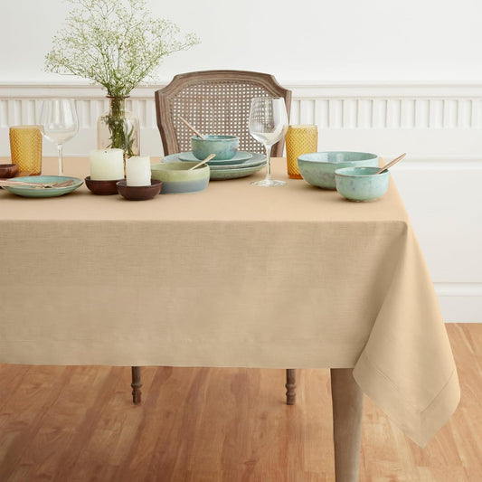 Solino Home Beige Linen Tablecloth 60 x 90 Inch - 100% Pure Linen Table Cloth for Rectangle Tables - Fete, Machine Washable Tablecloth for Fall, Autumn, Thanksgiving, Christmas