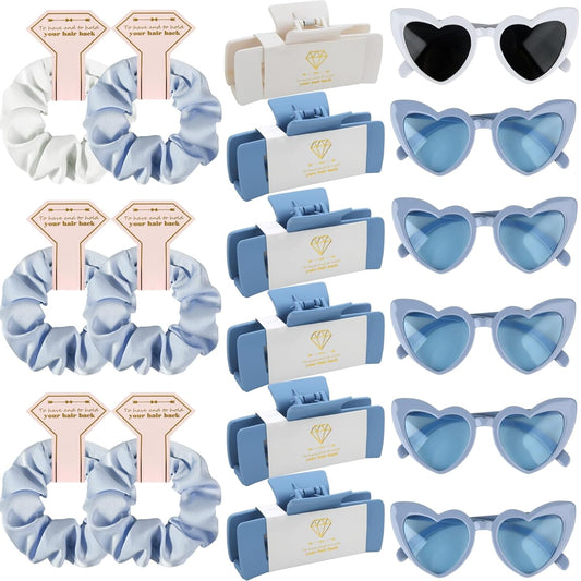 Bridesmaid Scrunchies Proposal Gifts 4.1inch square Hair Claws Bachelorette Hair Clip heart sunglasses Girls gift for Wedding Party Favors (18pcs White&Dusty Blue)