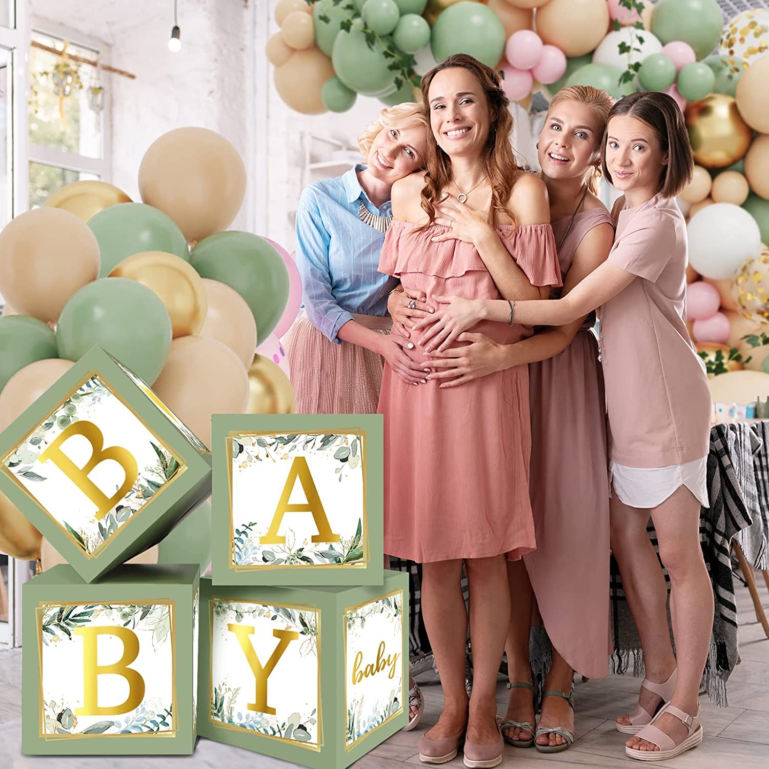 RUBFAC Baby Shower Boxes with Letters, 4pcs Sage Green Baby Shower Decorations for Boy Girl Balloon