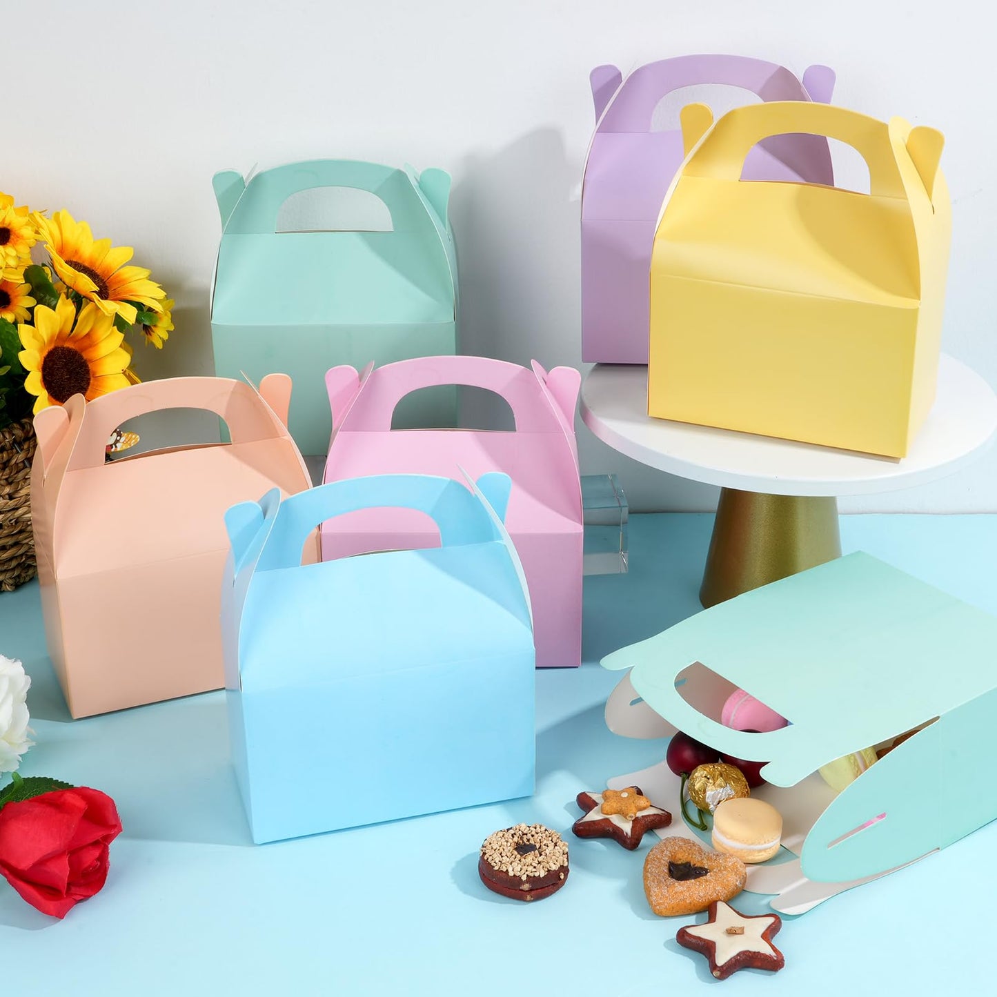 24 Pcs Pastel Party Favor Treat Boxes, Colorful Paper Candy Gift Gable Boxes for Party Favors
