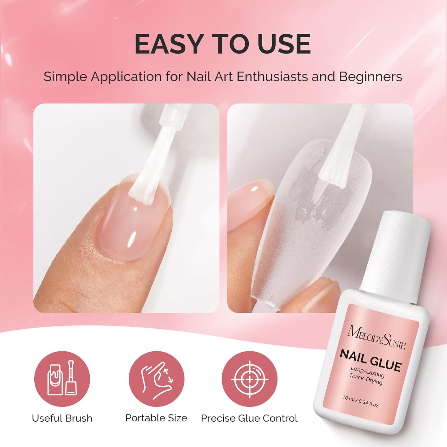 Melodysusie Brush-On Nail Glue for Acrylic Nails Press on Nails Quick-Drying Super Strong Long Lasting Adhesive for Nail Tips Fake Nails No UV Lamp Needed with Easy Application 10ml*2