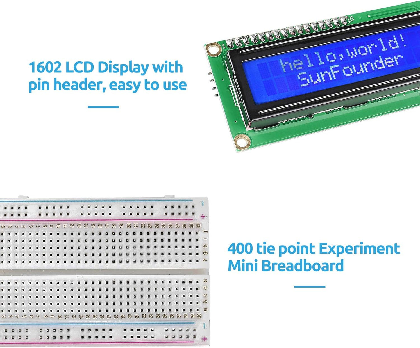 SUNFOUNDER Electronics Fun Kit with 1602 LCD Module, Breadboard, LED, Resistor for Arduino UNO Mega Gold Raspberry Pi