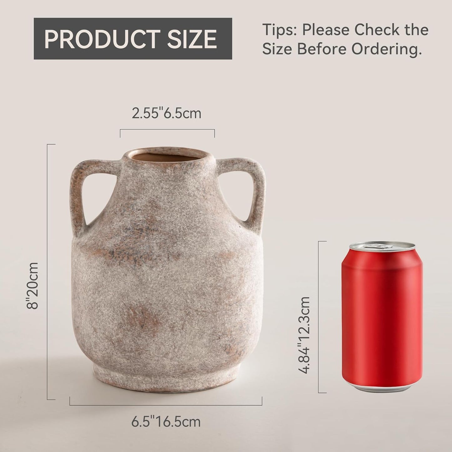 Mitt&Ditt Ceramic Flower Vase with Handles, 8 inch Tall Off-White Vase, Decorative Terracotta Vases, Farmhouse Rustic Pottery Vases for Home Decor, Living Room, Table