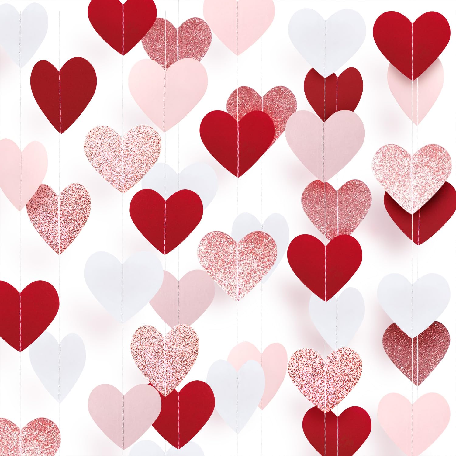 XIANMU 8 Strands Heart Garland Valentines Day Heart Paper Streamers Banner Rose-Gold Pink