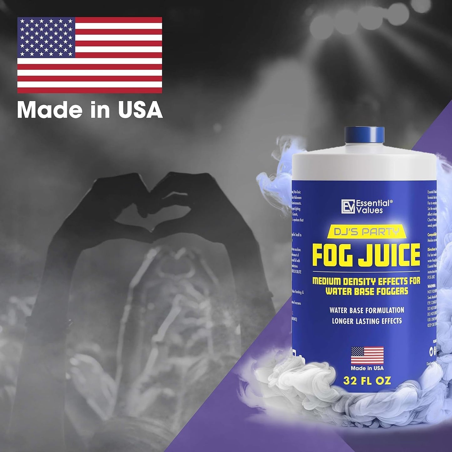 Essential Values Fog Machine Liquid - Long-Lasting Fog Juice for Smoke Machine Extreme High-Density, 32oz/Quart – Manufactured in USA – Water Based Foggers 700+ Watt Machines