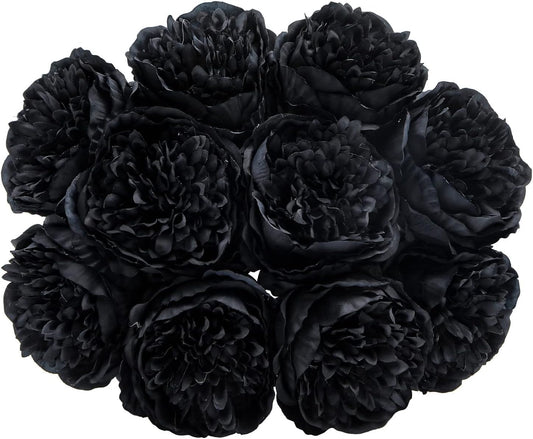 U'Artlines 10 Heads Artificial Peony Silk Flower Leaf Home Office Wedding Party Festival Bar Decor (Black)