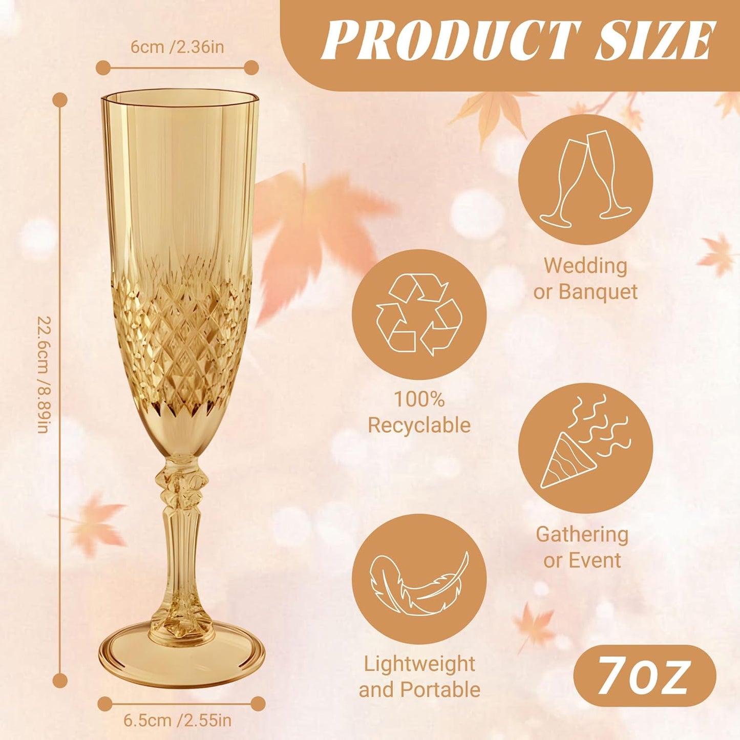 Plastic Champagne Flutes, 12PCS Gold Wine Glasses Goblets Cups Reusable Flute, for Weddings Bachelor Parties Toasting and Events(12, Gold)